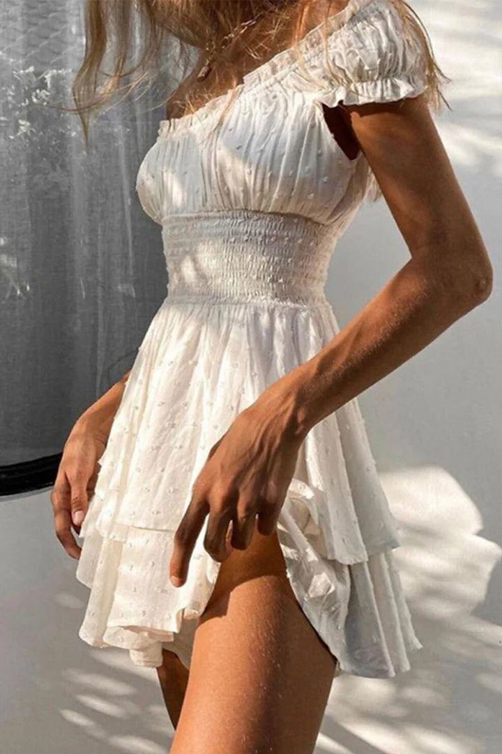 A-line Round Neck Short Sleeves Multi-layer Ruffle Short Homecoming Dress