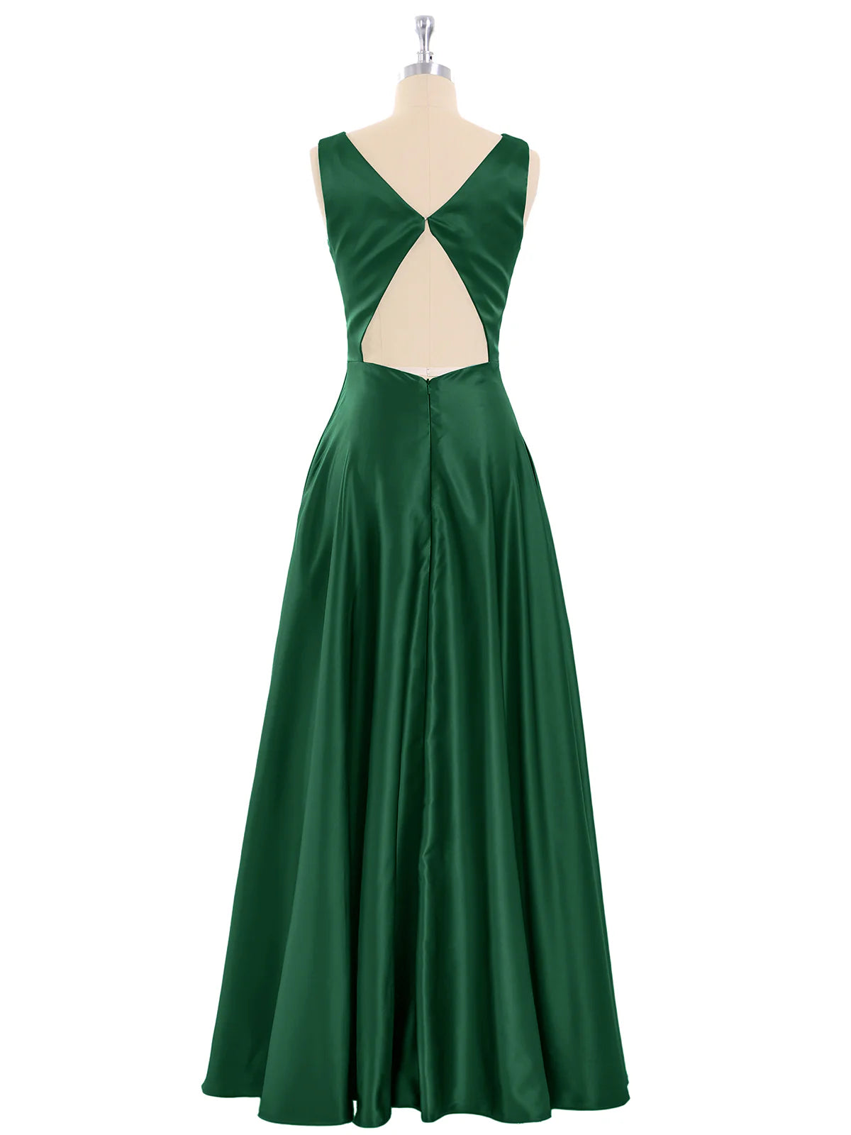 Robe de soirée trapèze longue en satin sans manches à volants et dos ouvert avec col en V, vert foncé 