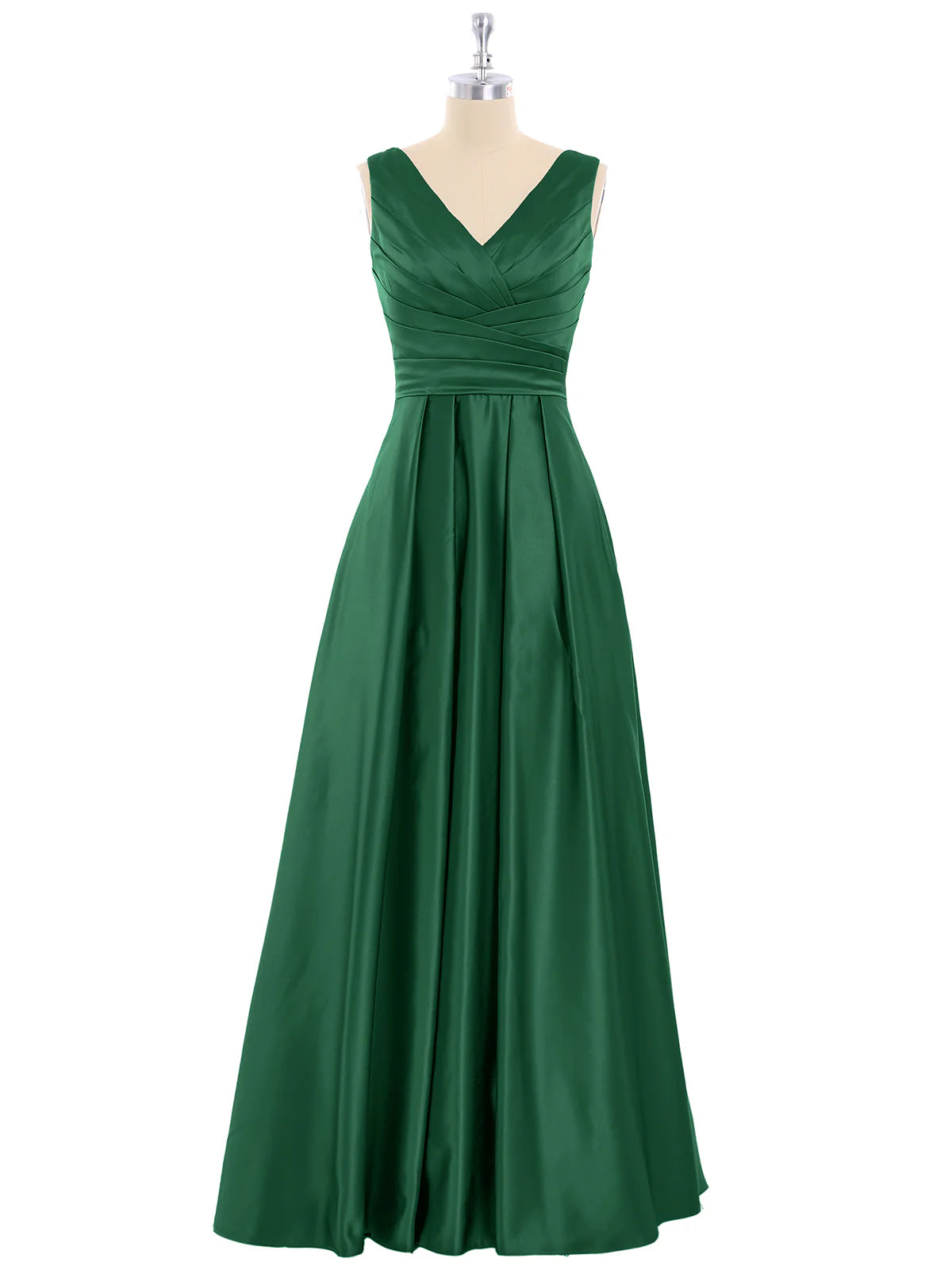 Robe de soirée trapèze longue en satin sans manches à volants et dos ouvert avec col en V, vert foncé 
