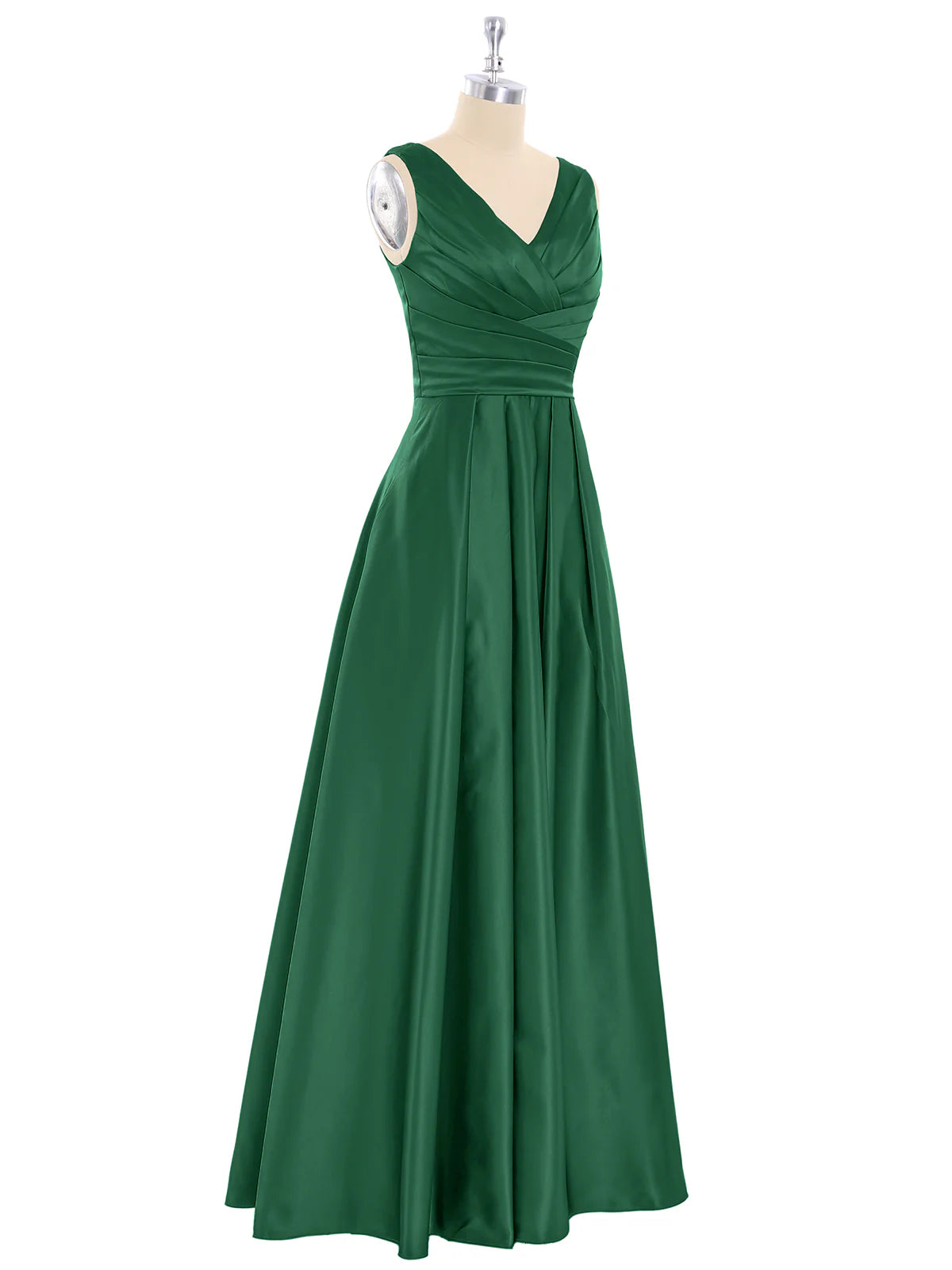 Robe de soirée trapèze longue en satin sans manches à volants et dos ouvert avec col en V, vert foncé 