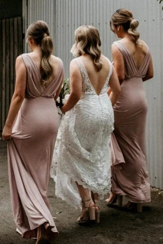 A-line Sleeveless Backless Floor Length Chiffon Deep V Neck Bridesmaid Dresses