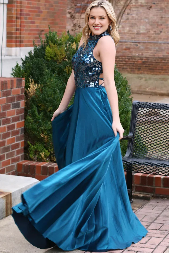 Robe de bal trapèze sans manches, dos nu, longueur au sol, effet miroir 