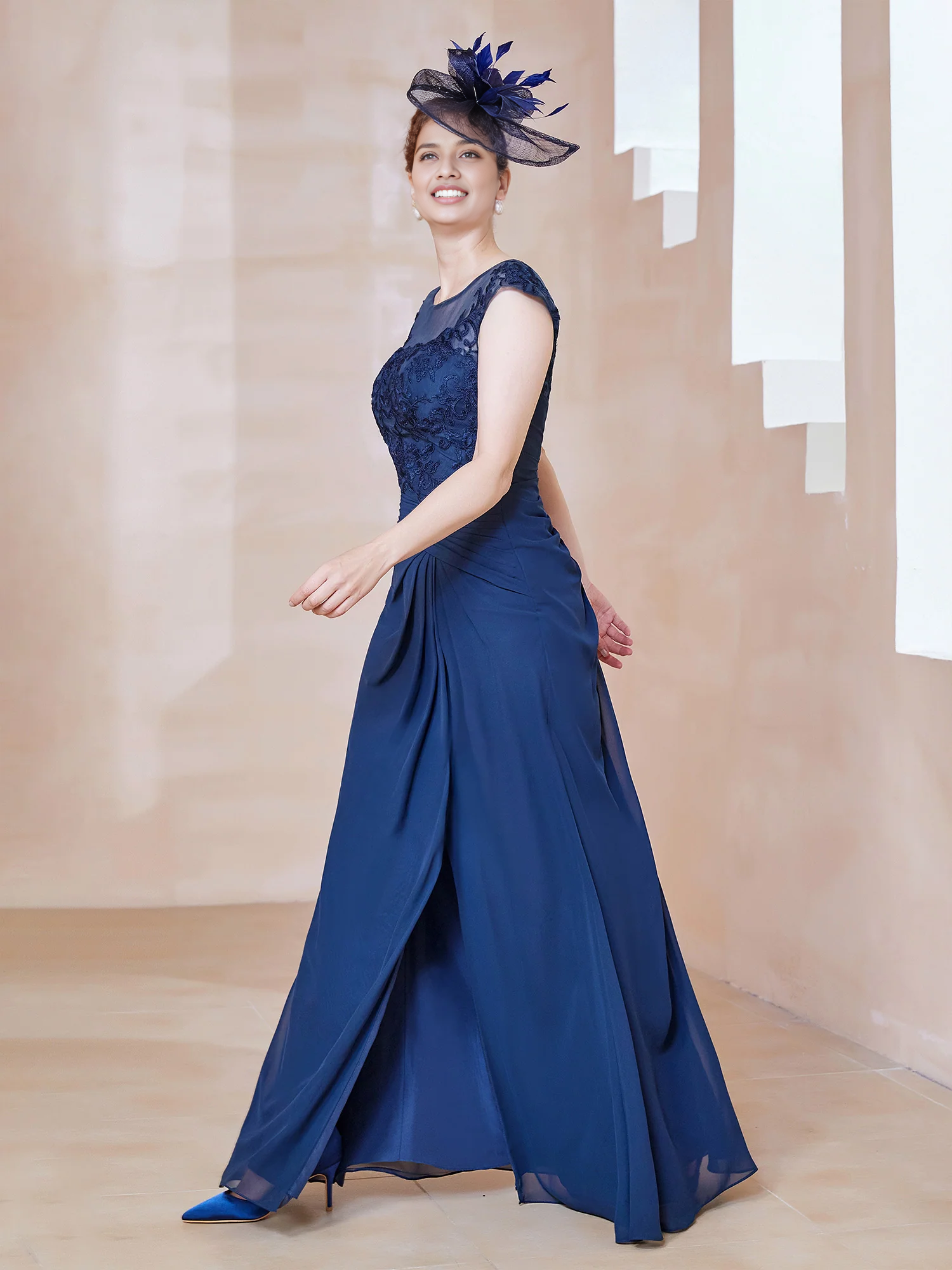 A-line Sleeveless Neck Appliqued Floor-Length Mother of the Bride Dress With Slit