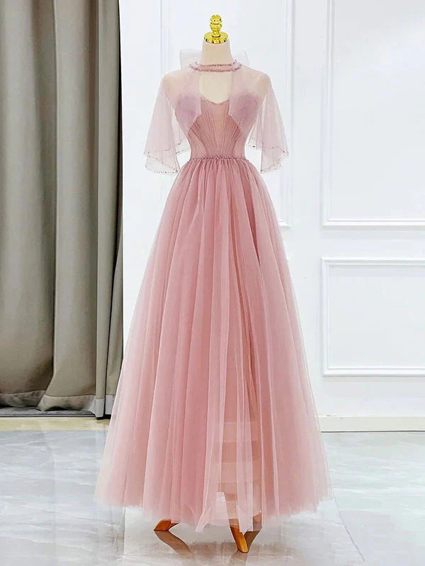 Robe de bal trapèze sans manches, épaules dénudées, en tulle rose, longueur thé, sans bretelles 