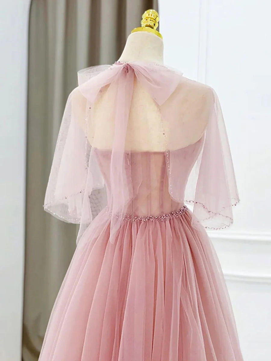 Robe de bal trapèze sans manches, épaules dénudées, en tulle rose, longueur thé, sans bretelles 