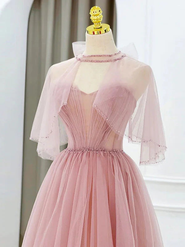 Robe de bal trapèze sans manches, épaules dénudées, en tulle rose, longueur thé, sans bretelles 