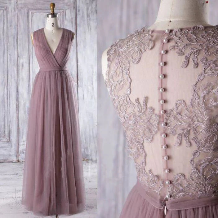 Robe de demoiselle d'honneur trapèze sans manches en tulle et dentelle à col en V
