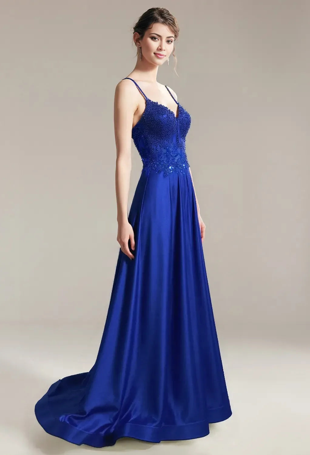 A-line Spaghetti Straps Floor Length Prom Dresses Satin Sleeveless Appliques Off the Shoulder Cheap V Neck Long Gowns