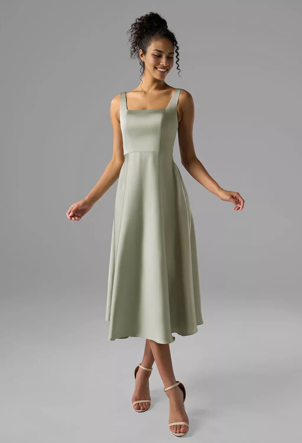 A-line Square-Neck Tea Length Sleeveless Prom Dresses Satin Beautiful No Slit Affordable Satin Evening Dresses