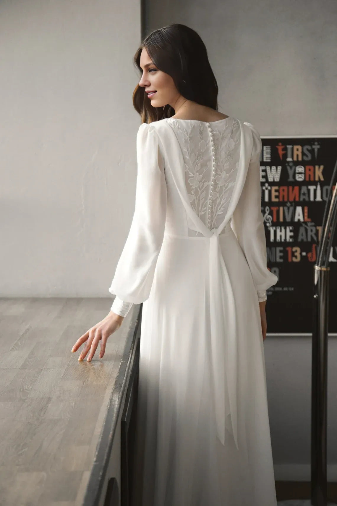 A-line Square neck wedding dress with Long Sleeves Floor Length Elegant Bride Dress