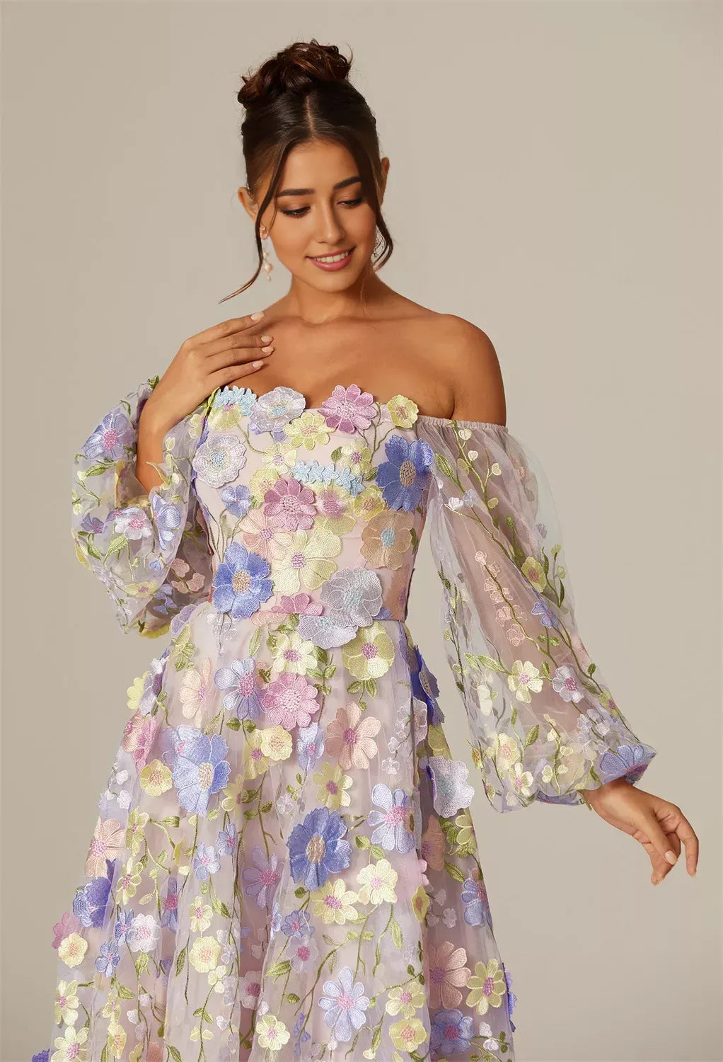 A-line Straight Neckline Elegant Tea Length Prom Dress Tulle 3D Floral Embroidered Puff Sleeves Pretty Long Sleeve Gowns