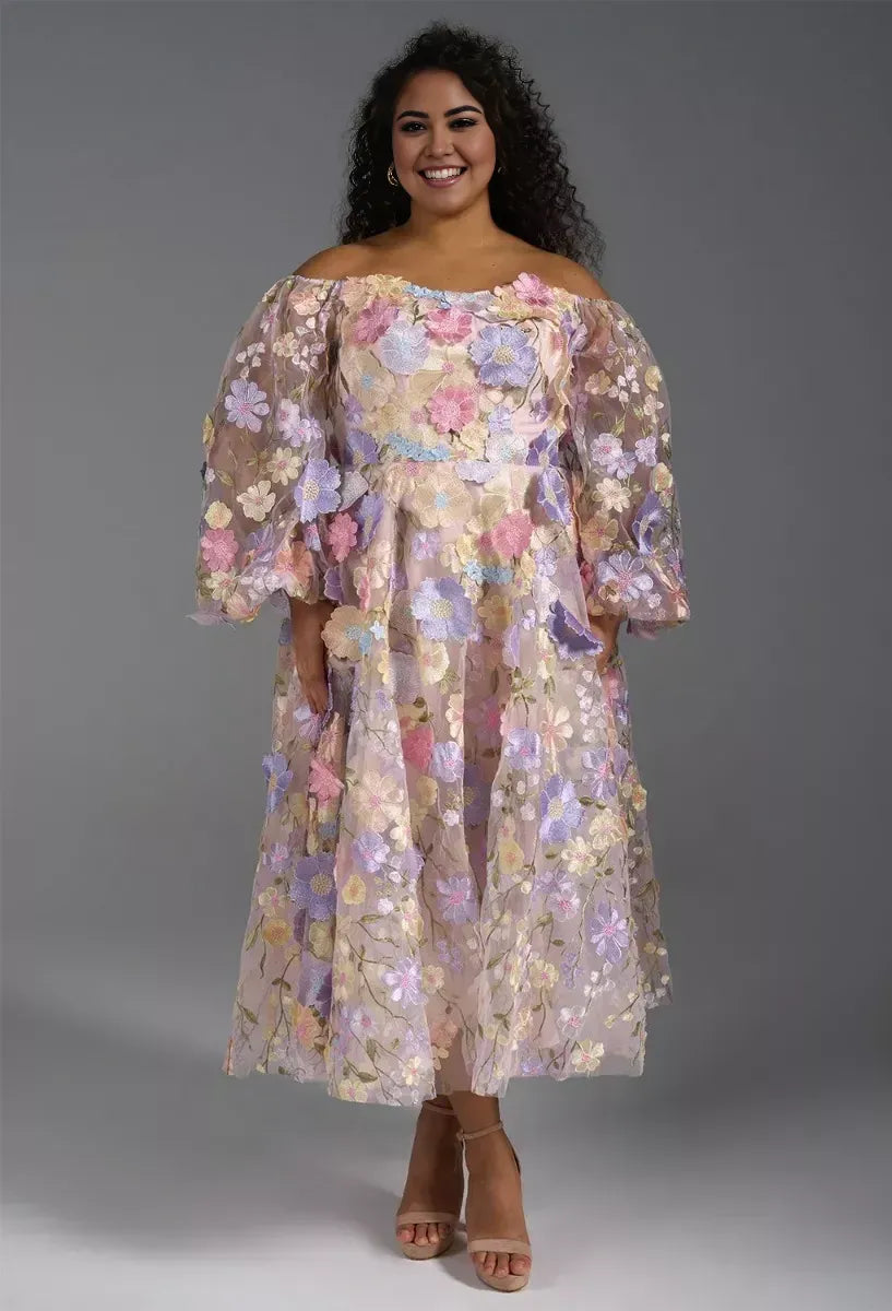 A-line Straight Neckline Elegant Tea Length Prom Dress Tulle 3D Floral Embroidered Puff Sleeves Pretty Long Sleeve Gowns