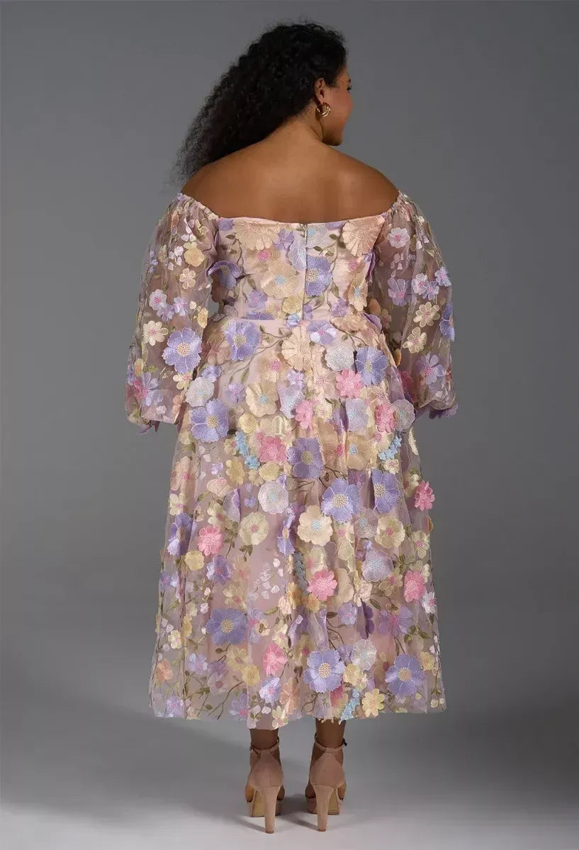 A-line Straight Neckline Elegant Tea Length Prom Dress Tulle 3D Floral Embroidered Puff Sleeves Pretty Long Sleeve Gowns