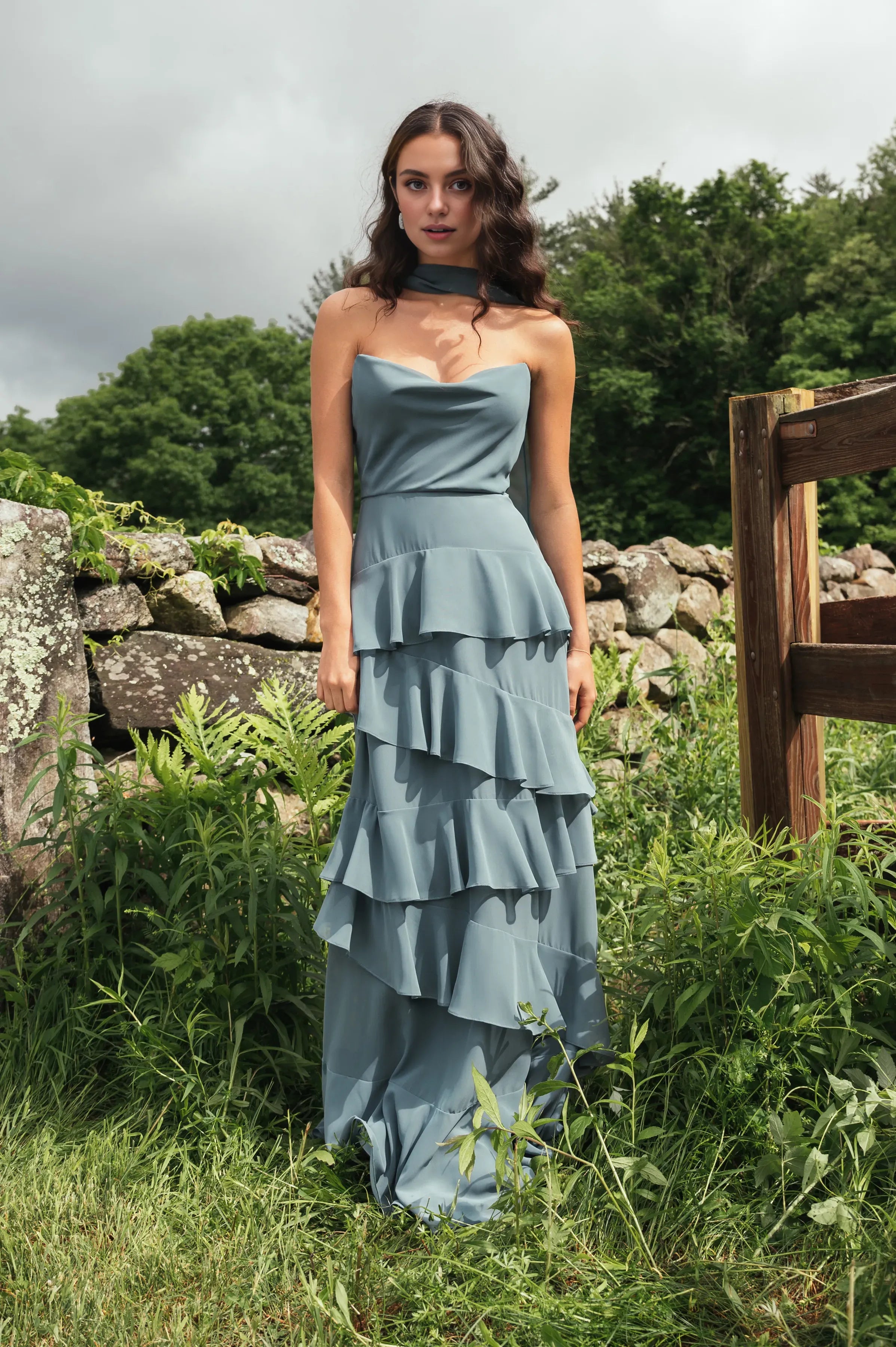 A-line Strapless Cowl Neck Ruffle Tiered Chiffon Discount Floor Length Prom Dresses Custom Off the Shoulder Evening Dresses