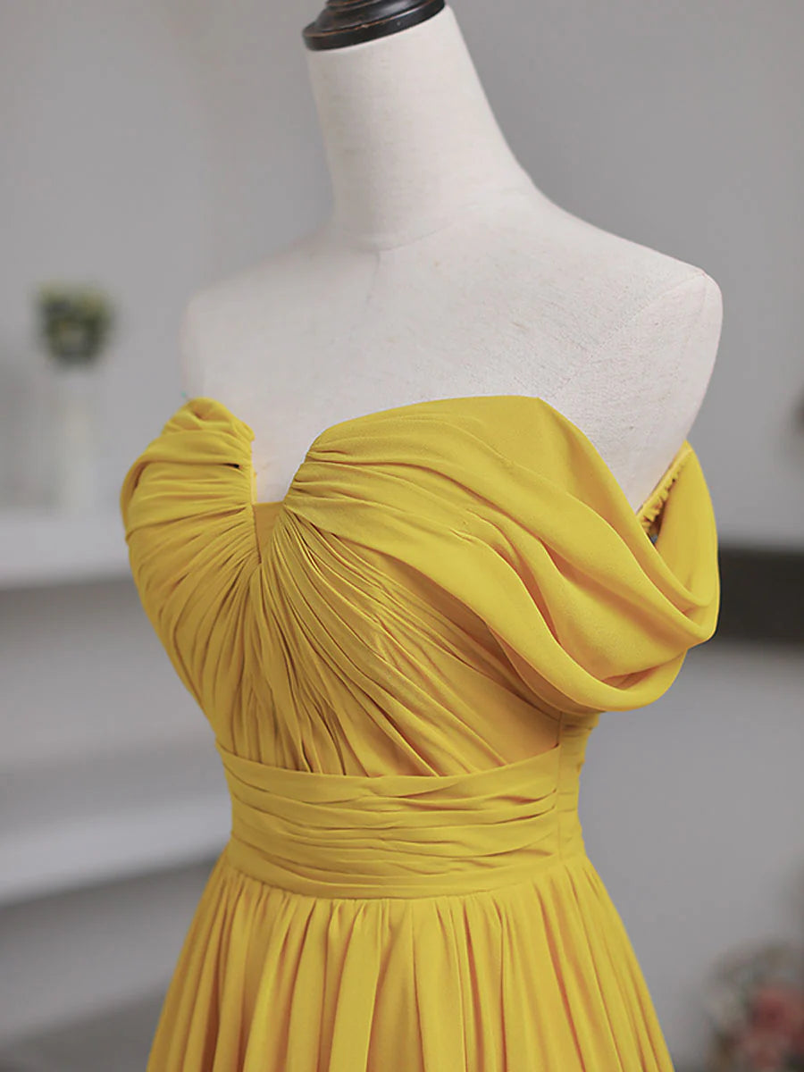 A-line Strapless Pleated Simple Yellow Off Shoulder Chiffon Prom Dress