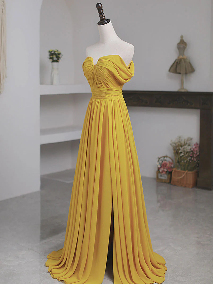 A-line Strapless Pleated Simple Yellow Off Shoulder Chiffon Prom Dress