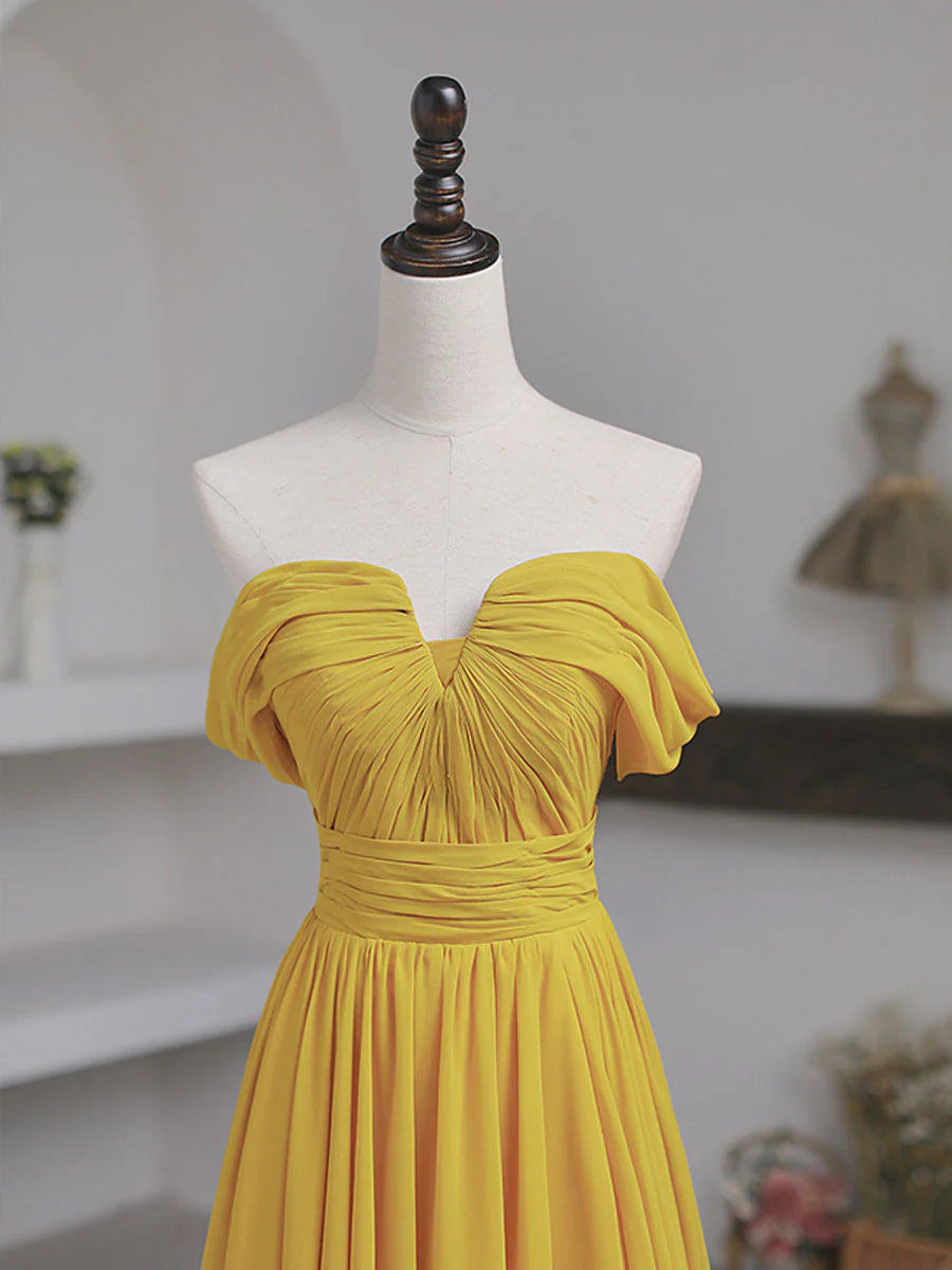 A-line Strapless Pleated Simple Yellow Off Shoulder Chiffon Prom Dress
