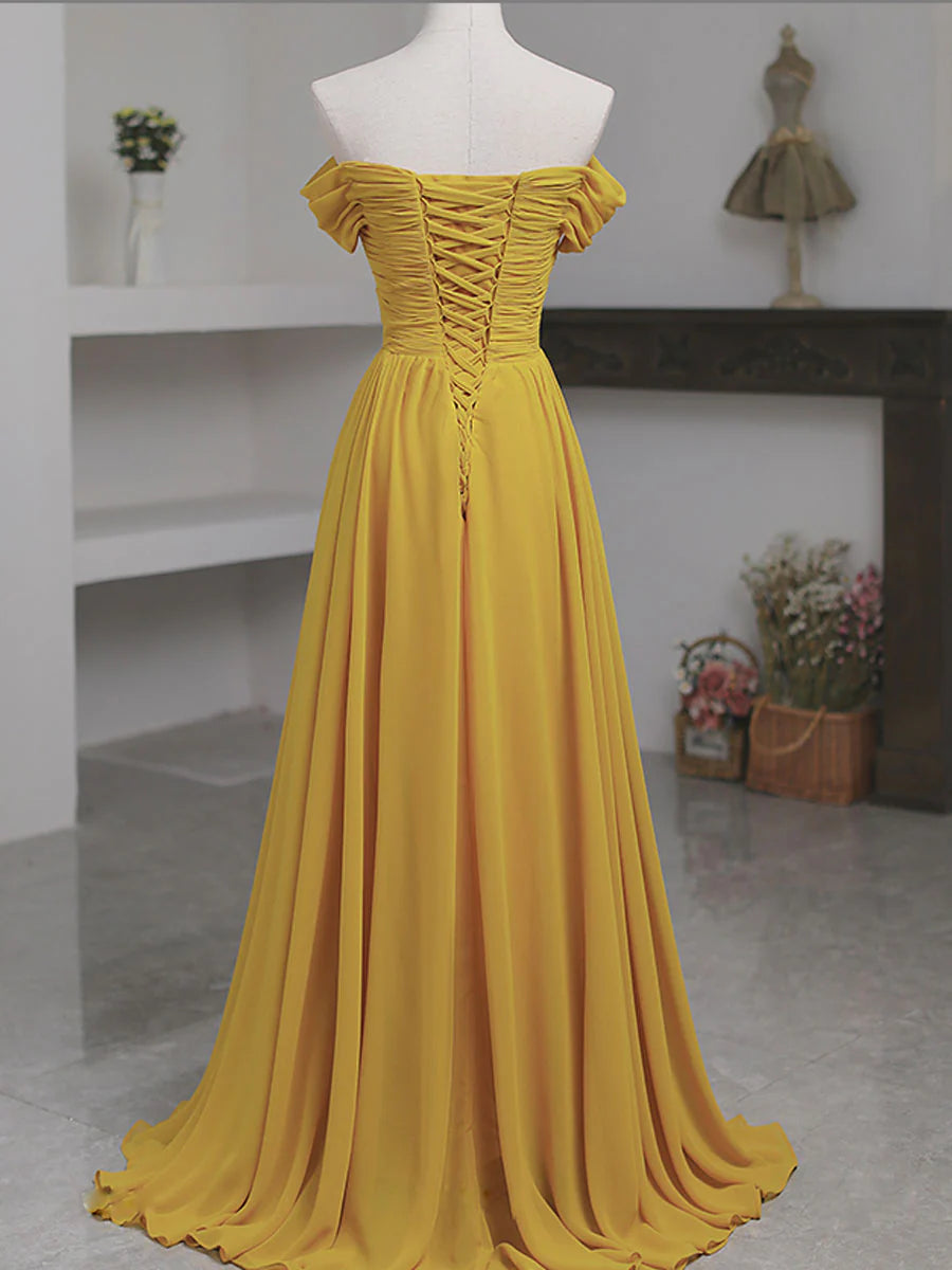 A-line Strapless Pleated Simple Yellow Off Shoulder Chiffon Prom Dress