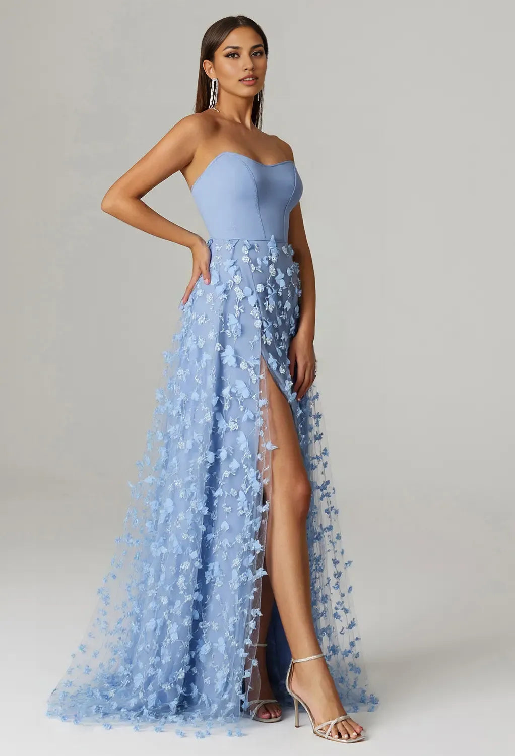 A-line Sweetheart Neckline Floor Length Prom Dresses Tulle Strapless Sleeveless Floral Embroidered Off the Shoulder Evening Dresses price