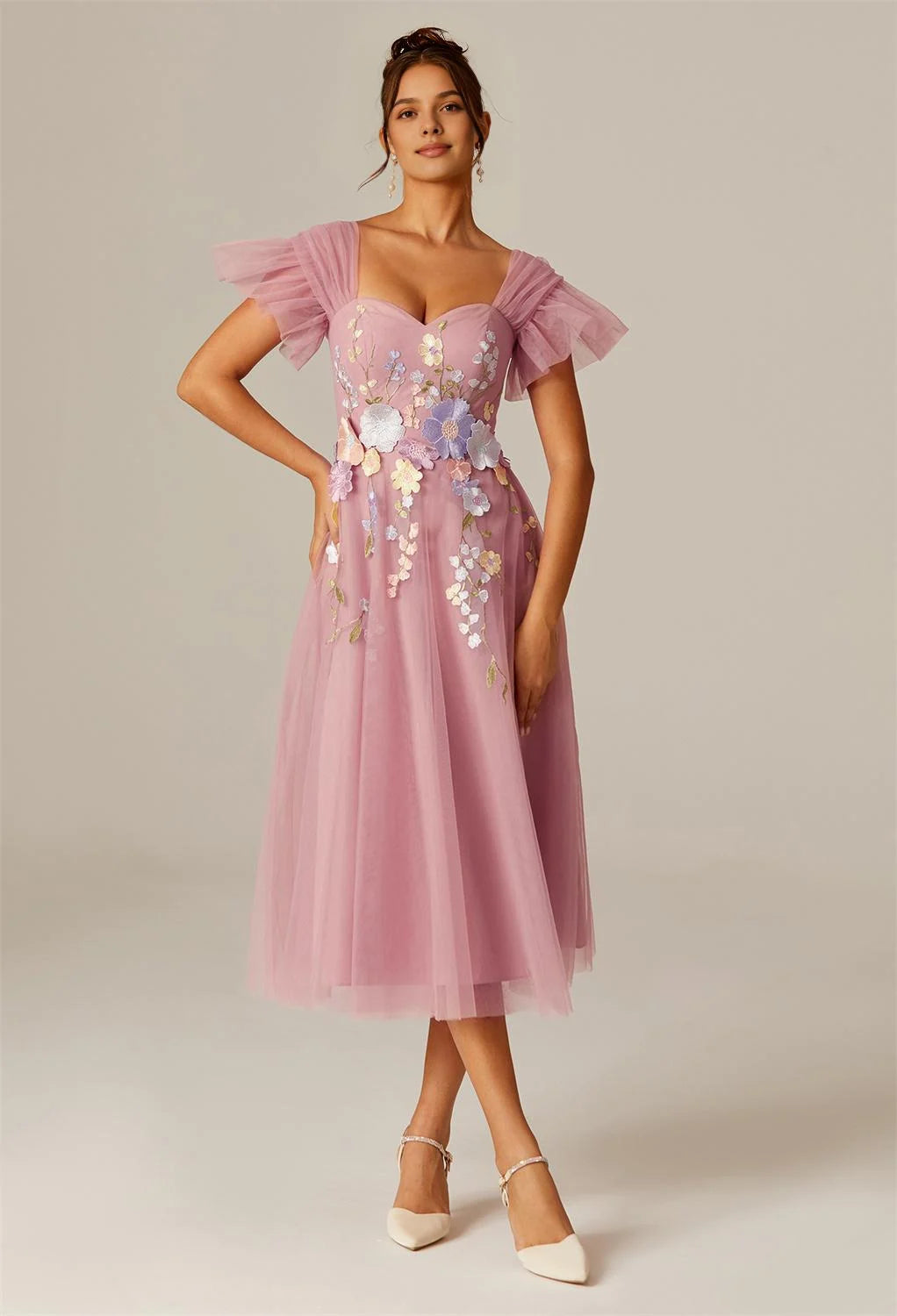 Steaming A-line Sweetheart Neckline Tea Length Flutter Sleeve Prom Dresses Tulle Affordable A-Line Evening Dresses For Women