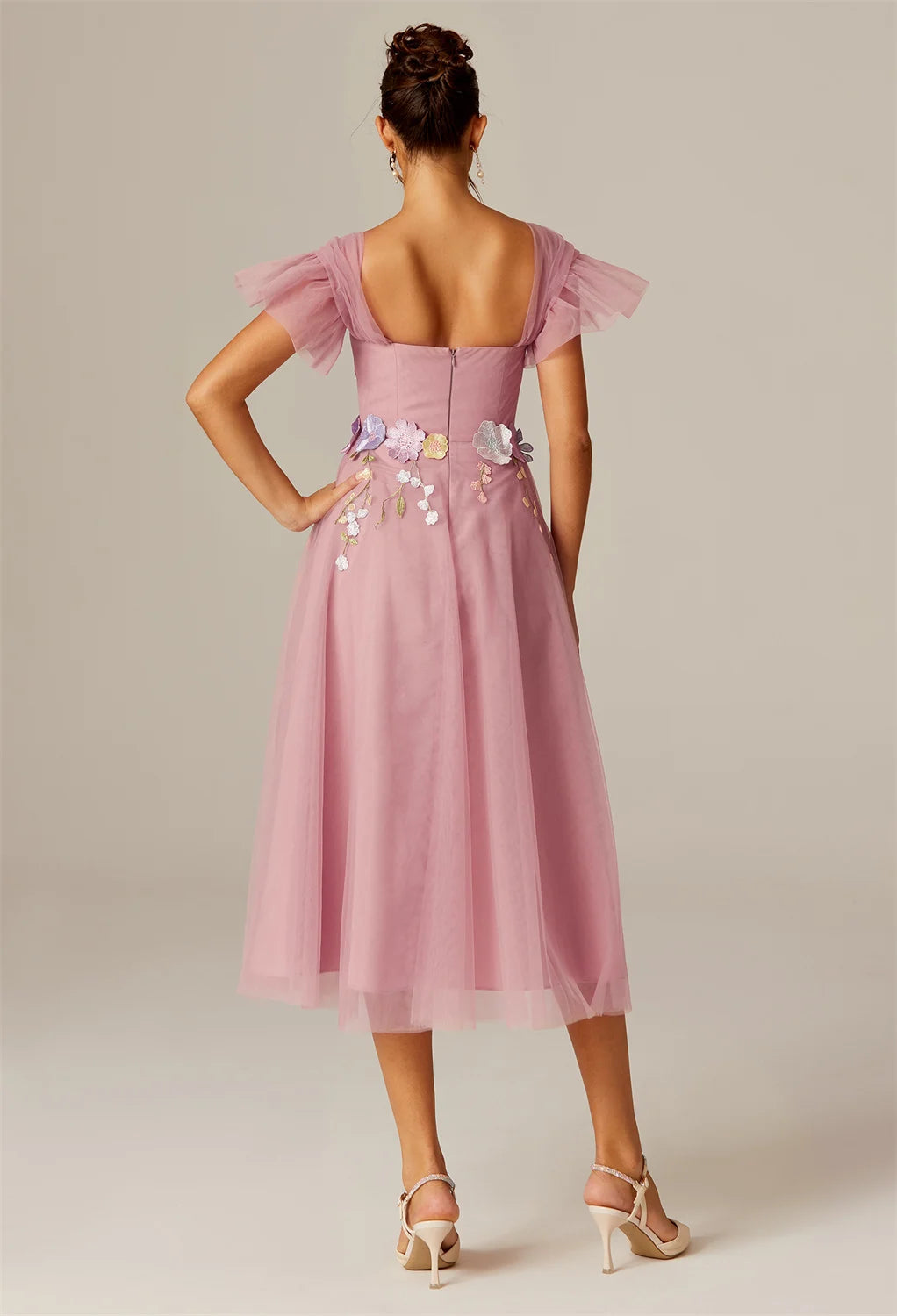 Steaming A-line Sweetheart Neckline Tea Length Flutter Sleeve Prom Dresses Tulle Affordable A-Line Evening Dresses For Women