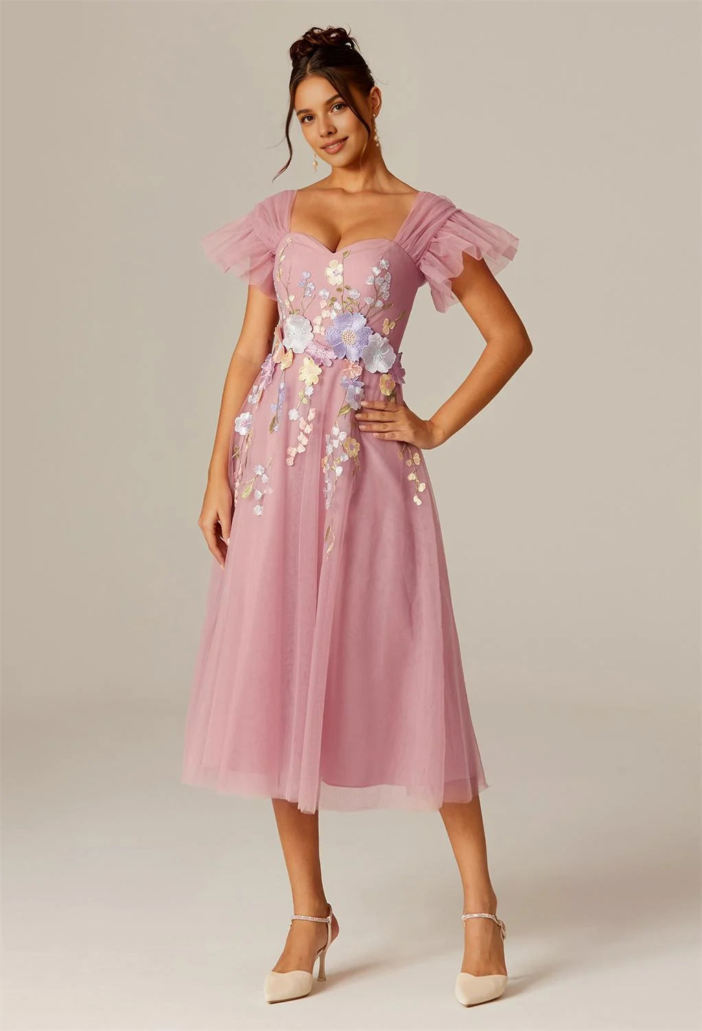 Steaming A-line Sweetheart Neckline Tea Length Flutter Sleeve Prom Dresses Tulle Affordable A-Line Evening Dresses For Women