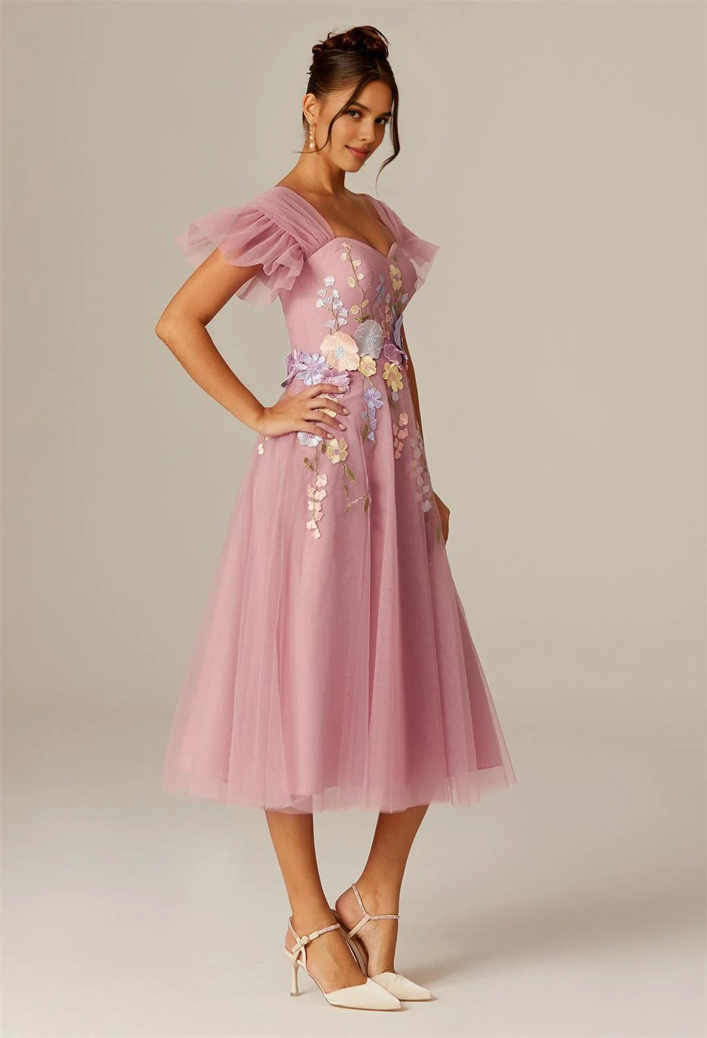 Steaming A-line Sweetheart Neckline Tea Length Flutter Sleeve Prom Dresses Tulle Affordable A-Line Evening Dresses For Women