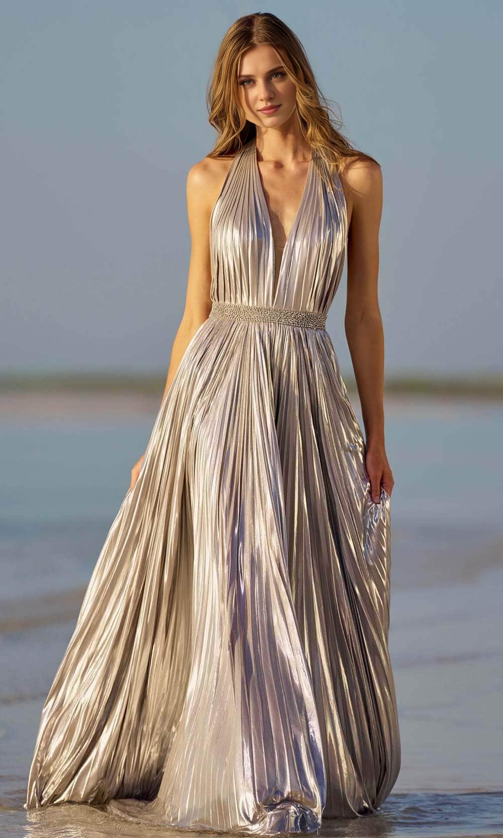 A-line Sweetheart V Neck Off Shoulder Sleeveless Backless Metallic Prom Gown / Prom Dress In Store