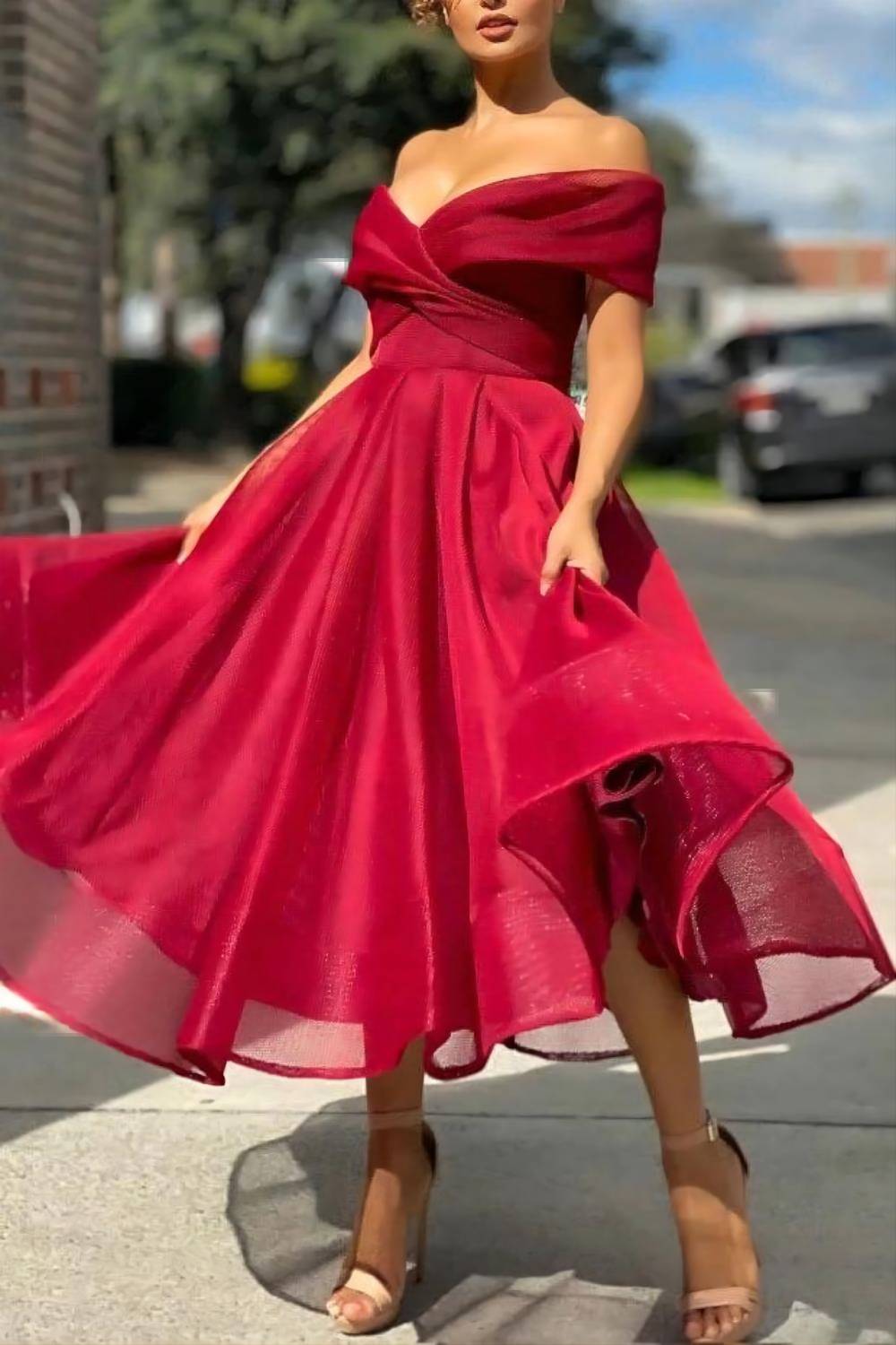 Weitese A-line Tea Length Off The Shoulder Homecoming Dress