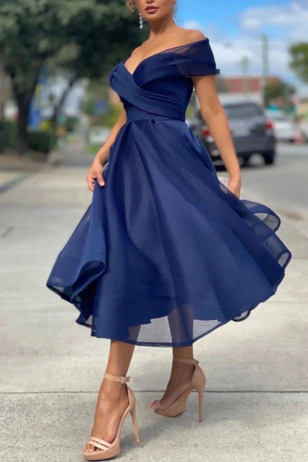 Weitese A-line Tea Length Off The Shoulder Homecoming Dress