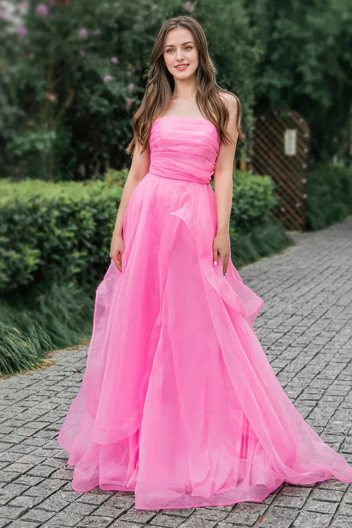 Robe de bal longue rose en tulle, coupe trapèze, longueur au sol, épaules dénudées, sans bretelles