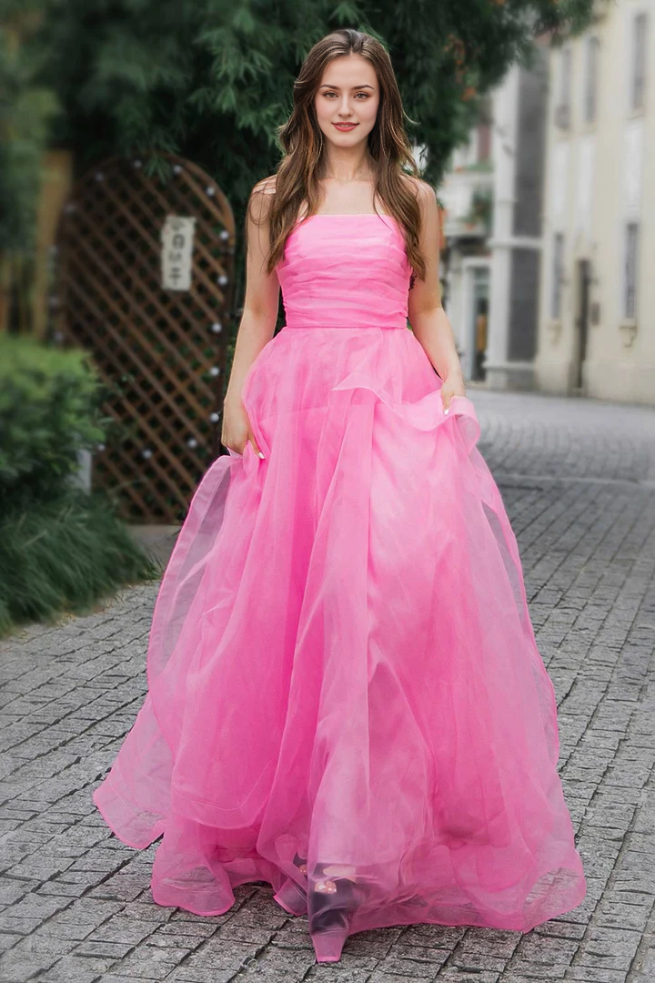 Robe de bal longue rose en tulle, coupe trapèze, longueur au sol, épaules dénudées, sans bretelles