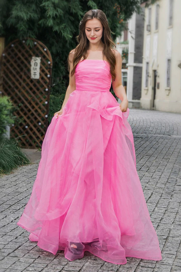 Robe de bal longue rose en tulle, coupe trapèze, longueur au sol, épaules dénudées, sans bretelles