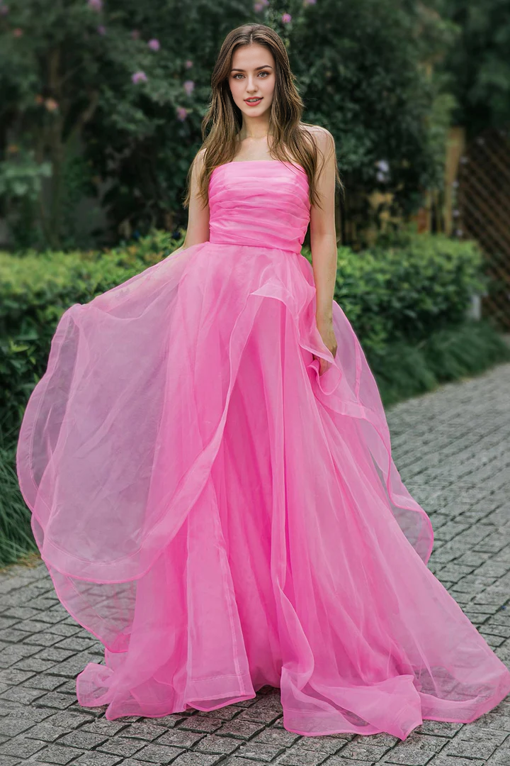 Robe de bal longue rose en tulle, coupe trapèze, longueur au sol, épaules dénudées, sans bretelles
