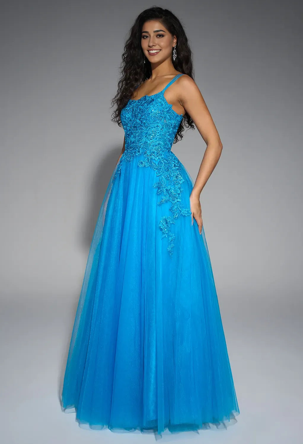 A-line U-Neck Spaghetti Straps Floor Length Prom Dresses Tulle Sleeveless Applique Hot Sale Long Evening Dresses