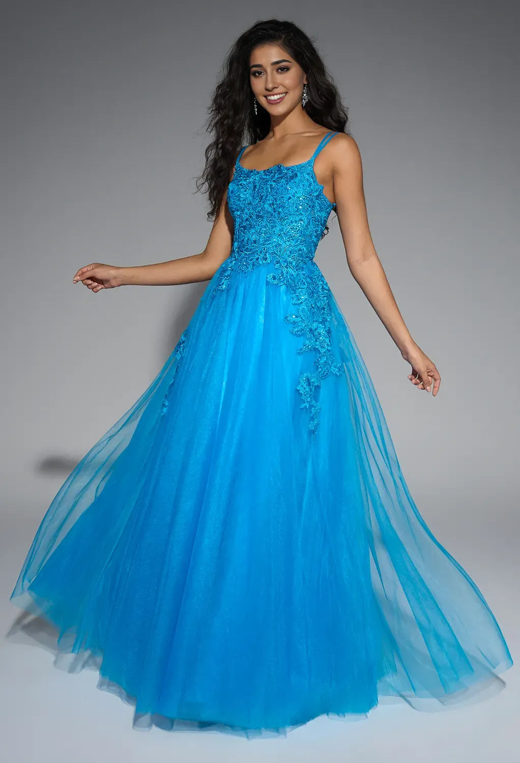 A-line U-Neck Spaghetti Straps Floor Length Prom Dresses Tulle Sleeveless Applique Hot Sale Long Evening Dresses
