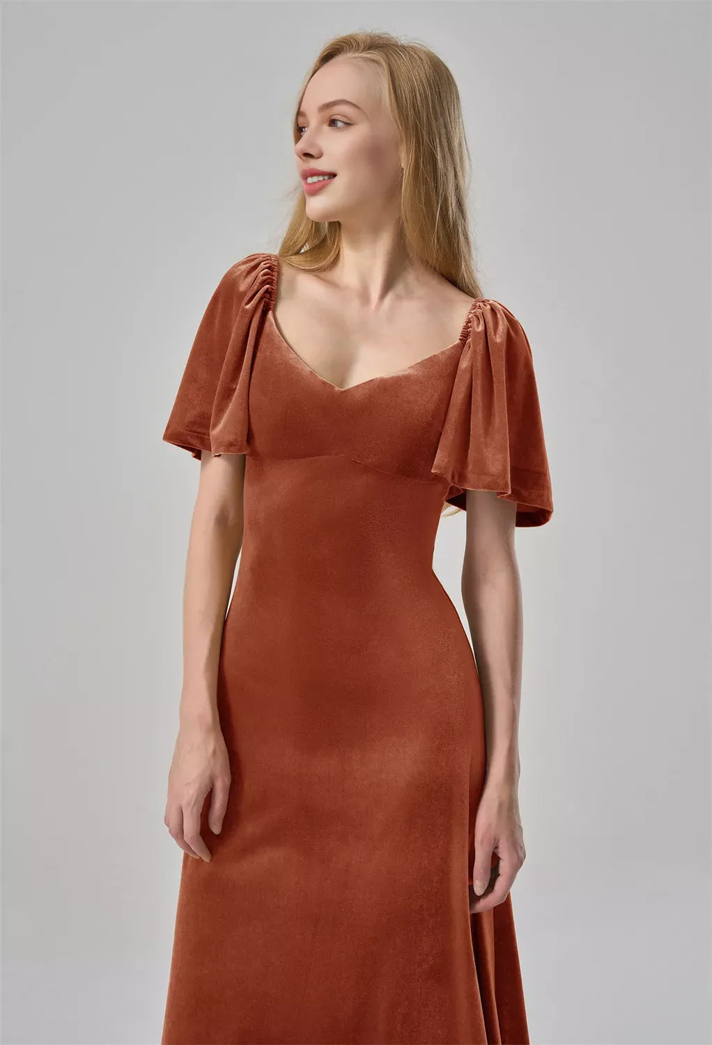 A-line V-Neck Ankle Length Short Sleeves Prom Dresses Velvet Chic Ruching With Sleeves Evening Dresses For Women