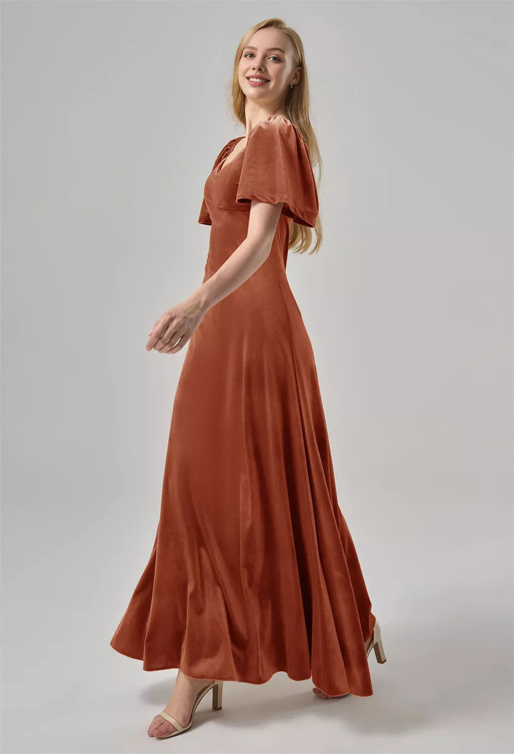 A-line V-Neck Ankle Length Short Sleeves Prom Dresses Velvet Chic Ruching With Sleeves Evening Dresses For Women