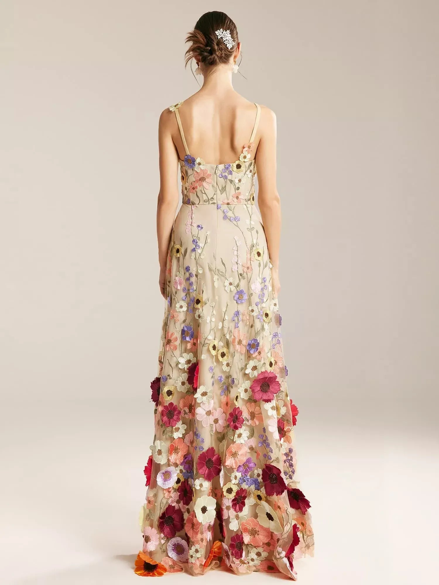 A-line V-Neck Elegant Floor Length Prom Dress Tulle 3D Floral Embroidered Sleeveless Hot Sale Long Evening Dresses