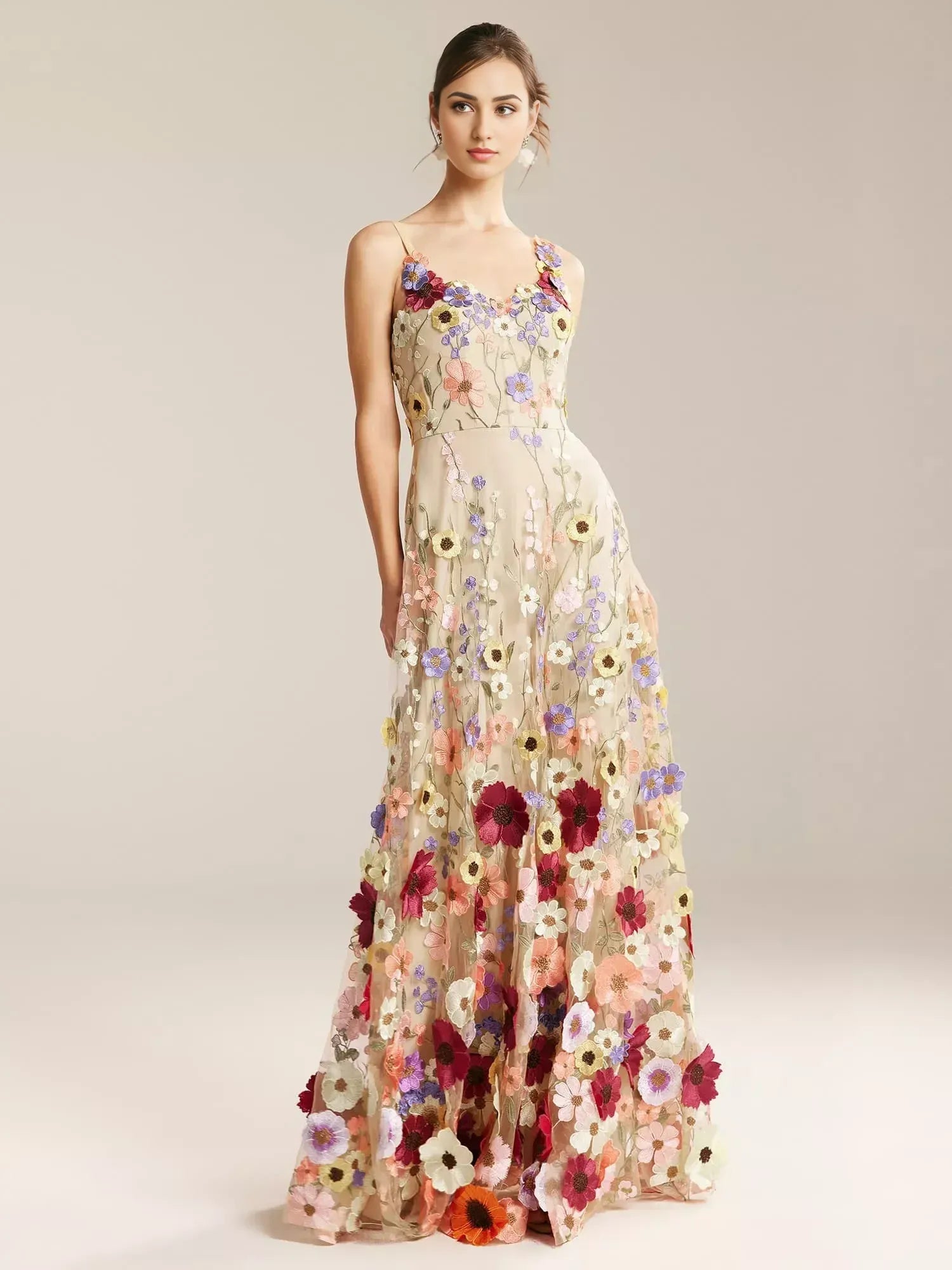 A-line V-Neck Elegant Floor Length Prom Dress Tulle 3D Floral Embroidered Sleeveless Hot Sale Long Evening Dresses