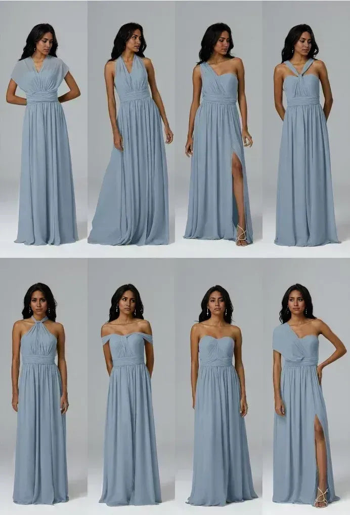 A-line V-Neck Floor Length Short Sleeves Prom Dresses Sleeveless Strapless Cheap Chiffon Bridesmaid Dresses With Slit