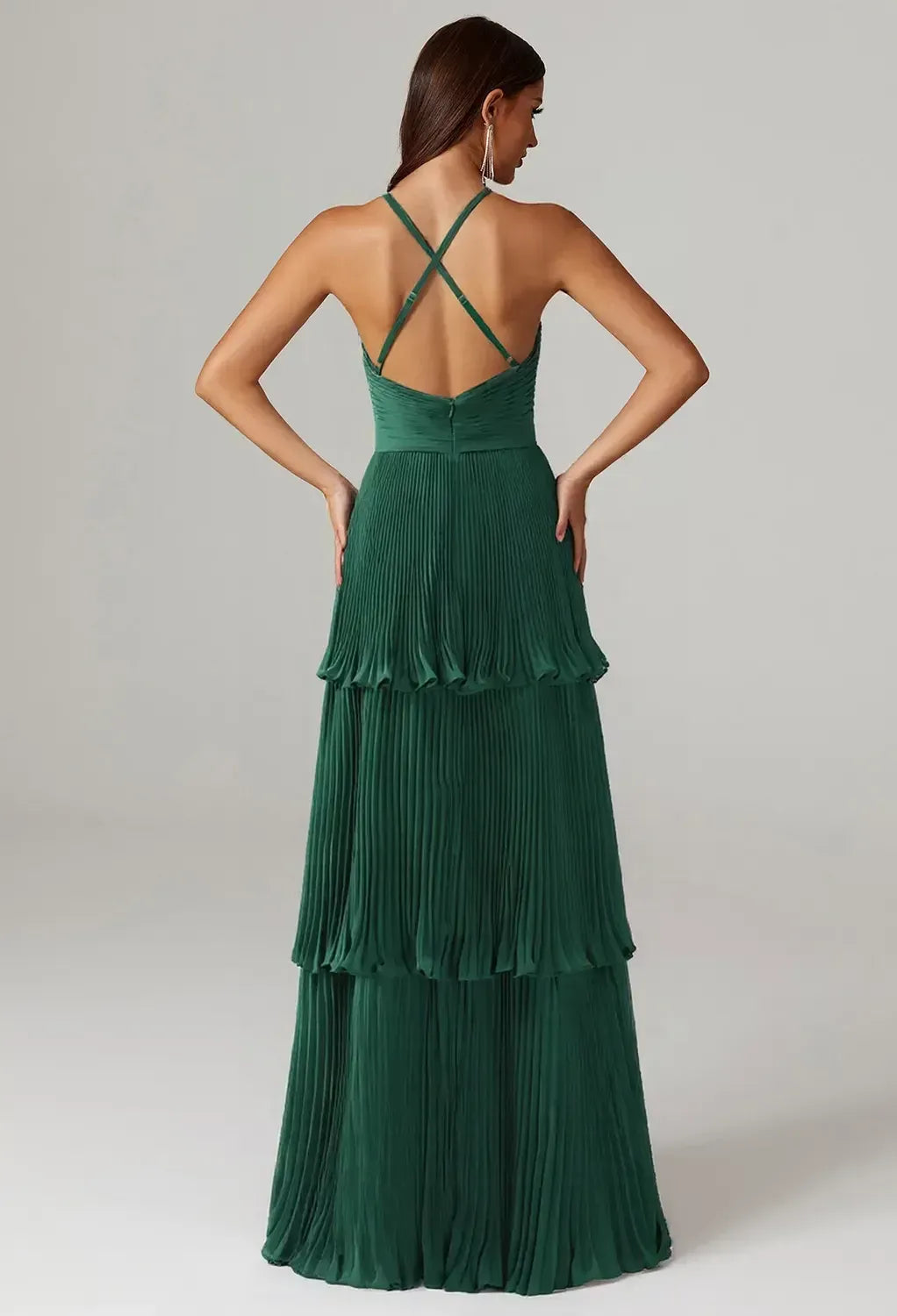 A-line V-Neck Spaghetti Straps Floor Length Evening Dresses Sleeveless Vintage Tiered Pleat Beautiful Floor Length Prom Dresses