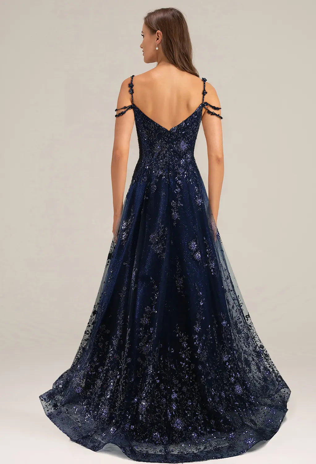 A-line V-Neck Spaghetti Straps Floor Length Evening Dresses Tulle Sleeveless Appliques Affordable Strapless Prom Dresses