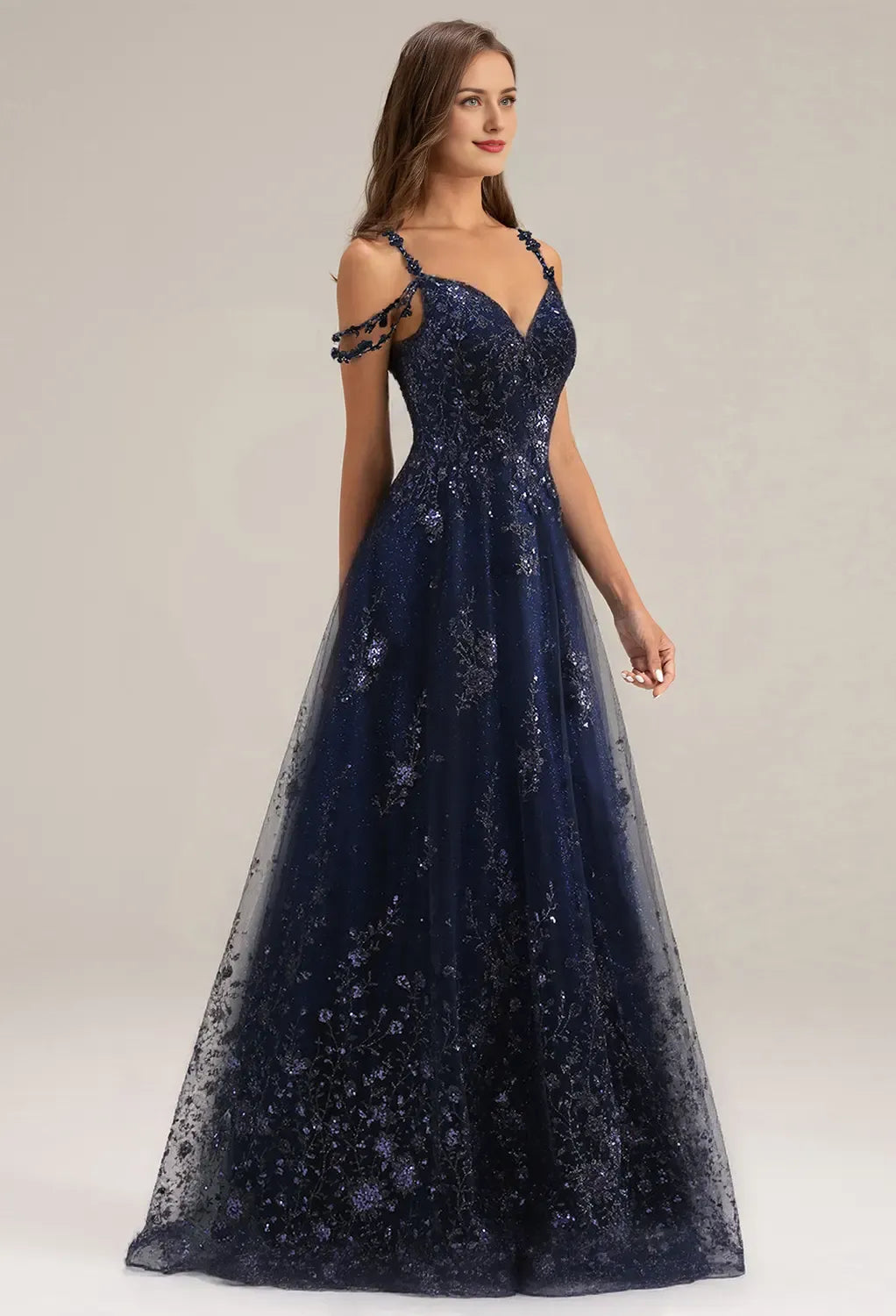 A-line V-Neck Spaghetti Straps Floor Length Evening Dresses Tulle Sleeveless Appliques Affordable Strapless Prom Dresses