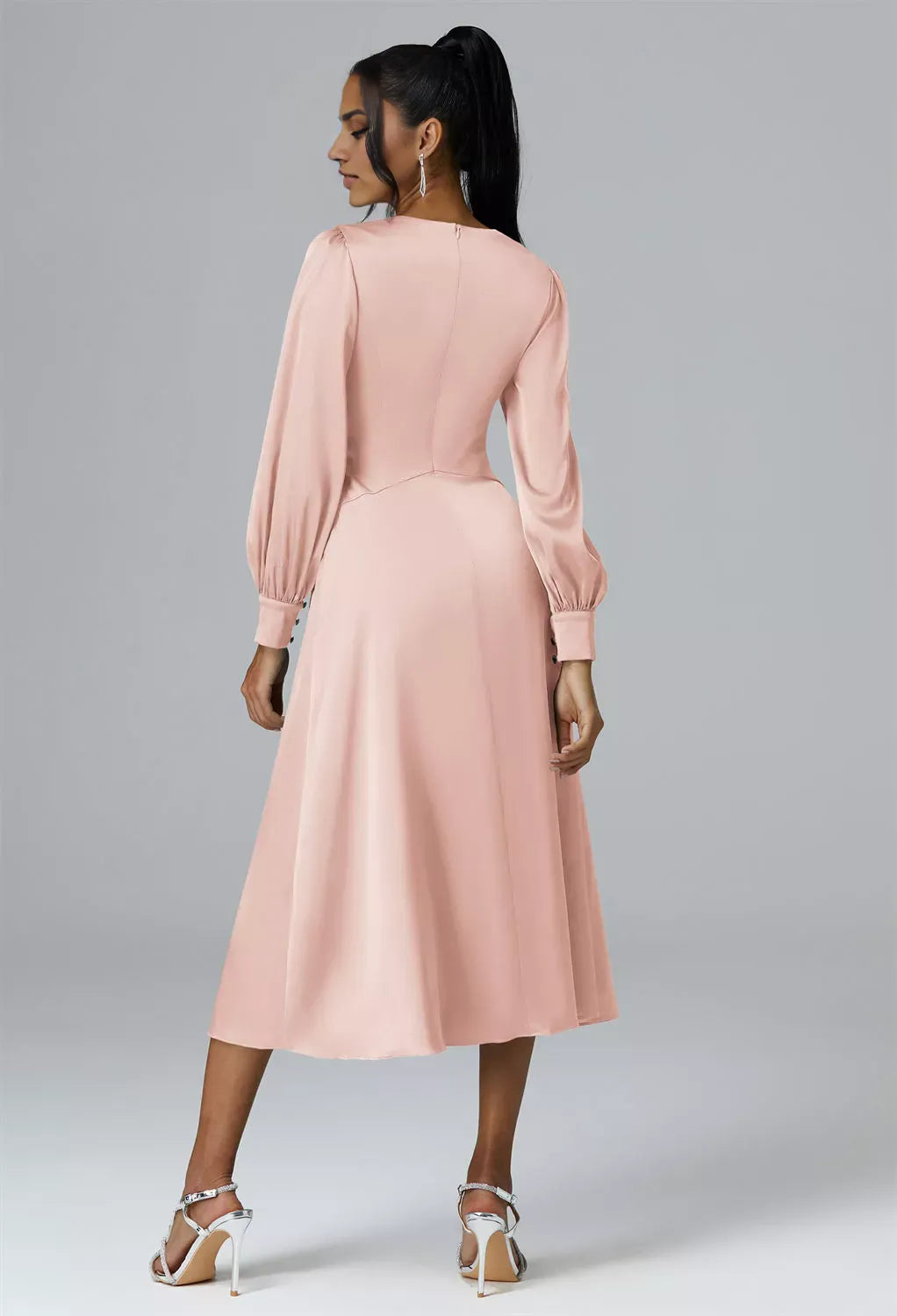 A-line V-Neck Tea Length Long Sleeves Prom Dresses Chic Ruching Discount Long Bridesmaid Dresses