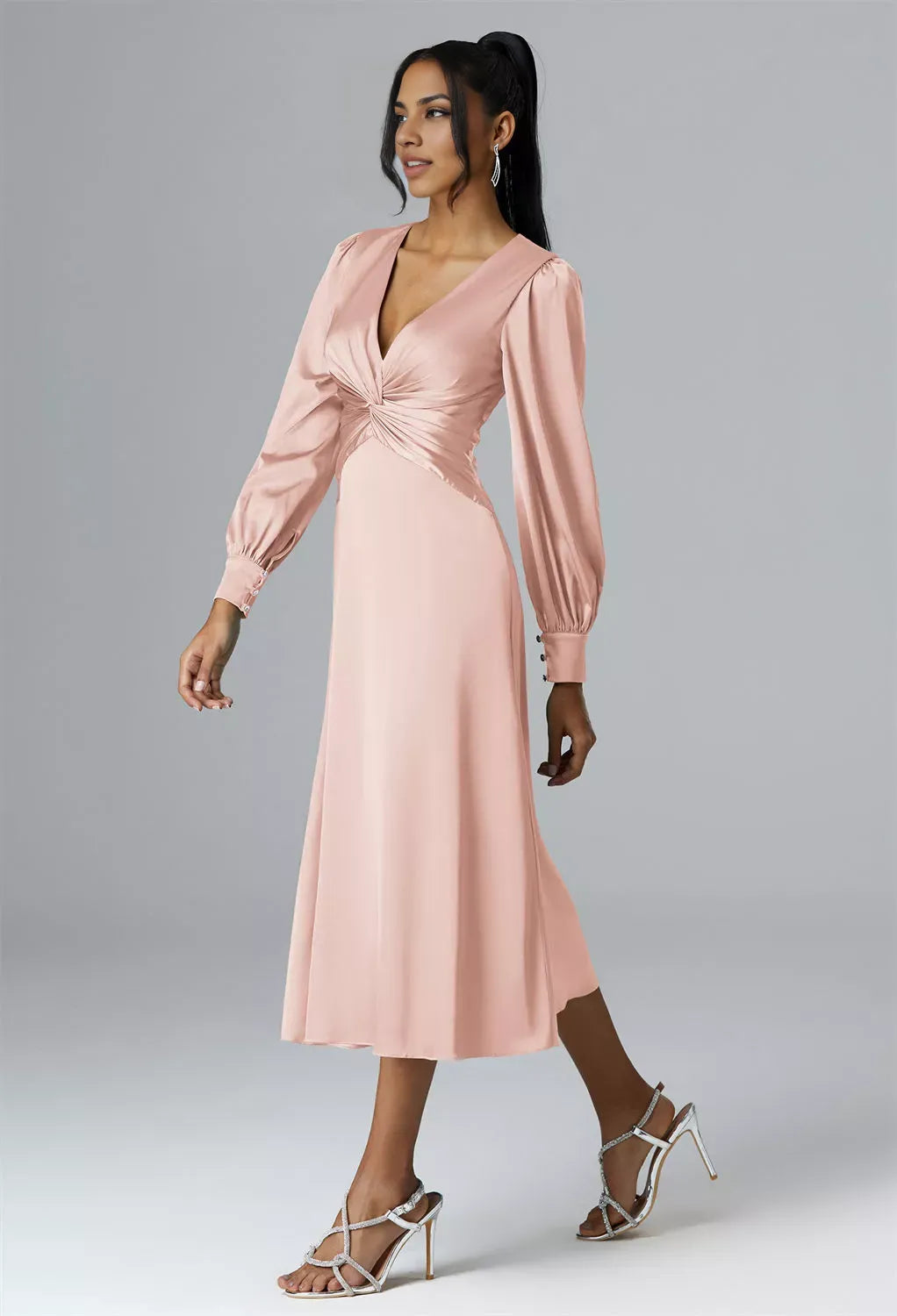 A-line V-Neck Tea Length Long Sleeves Prom Dresses Chic Ruching Discount Long Bridesmaid Dresses
