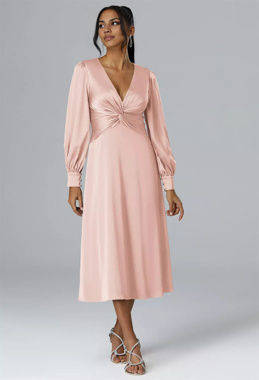 A-line V-Neck Tea Length Long Sleeves Prom Dresses Chic Ruching Discount Long Bridesmaid Dresses