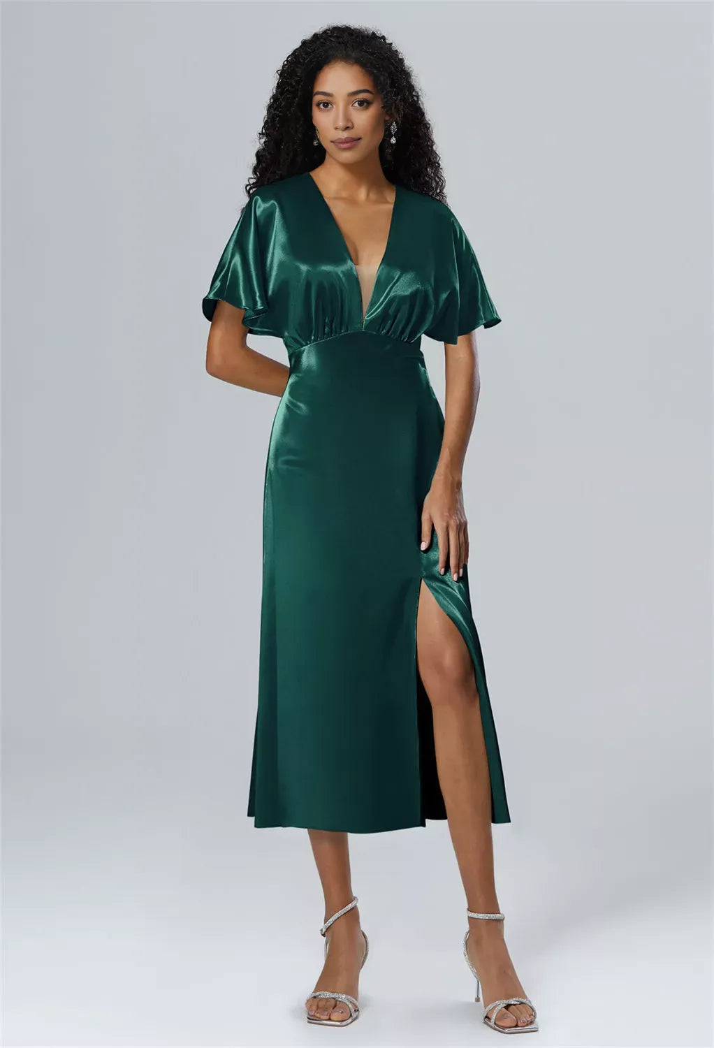 A-line V-Neck Tea Length Short Sleeves Prom Dresses Chic Ruching Discount Long Bridesmaid Dresses With Slit