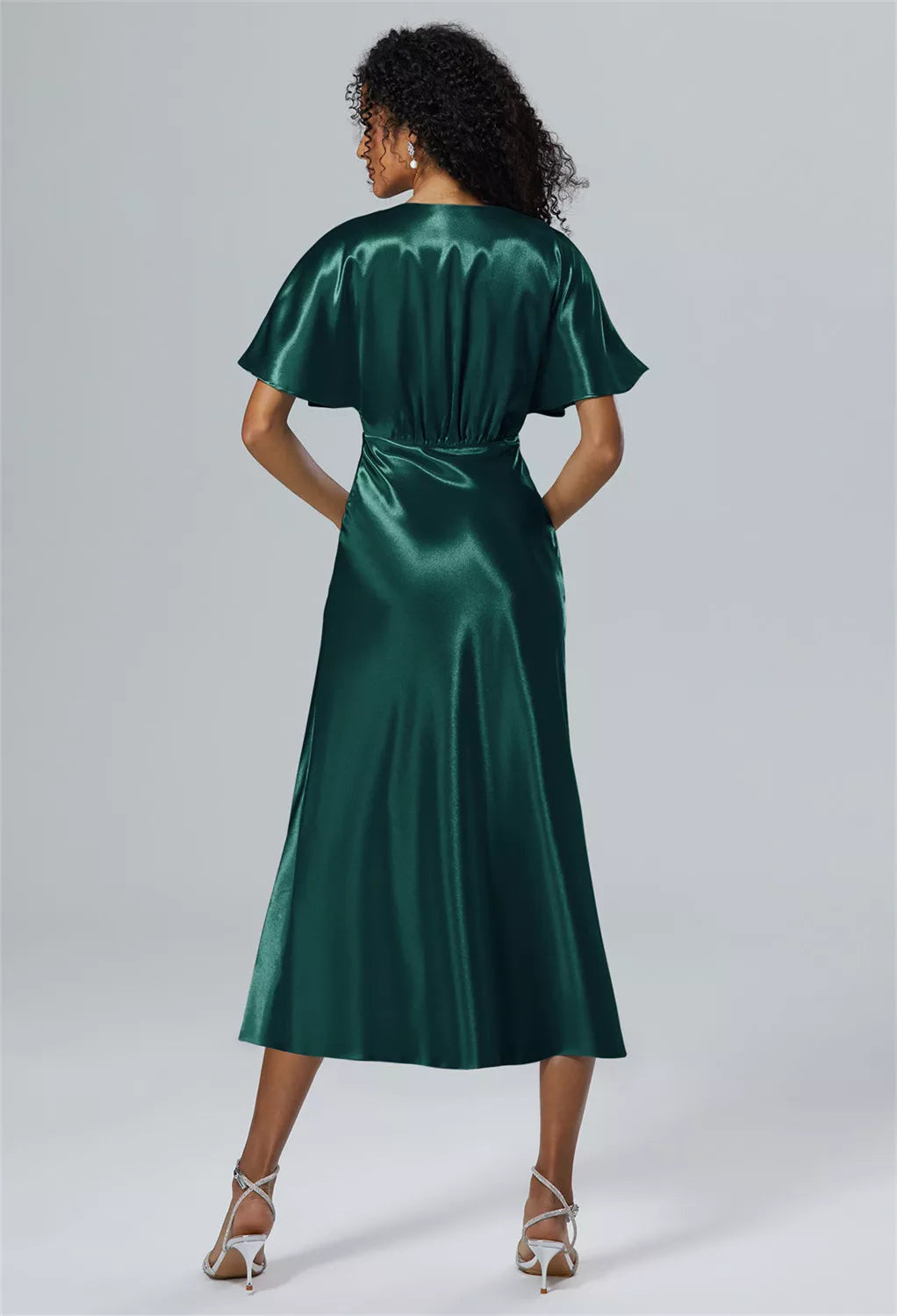 A-line V-Neck Tea Length Short Sleeves Prom Dresses Chic Ruching Discount Long Bridesmaid Dresses With Slit