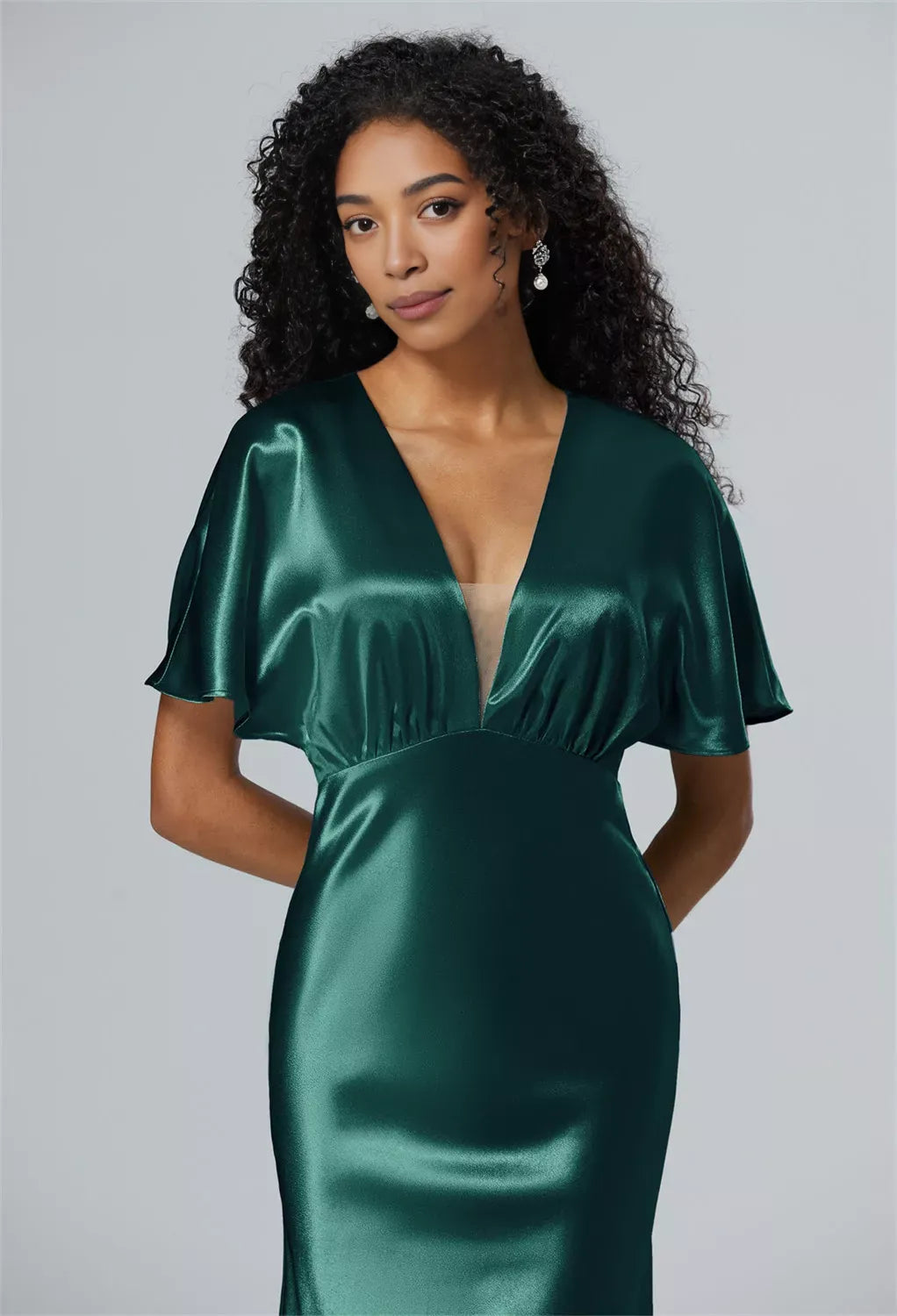 A-line V-Neck Tea Length Short Sleeves Prom Dresses Chic Ruching Discount Long Bridesmaid Dresses With Slit